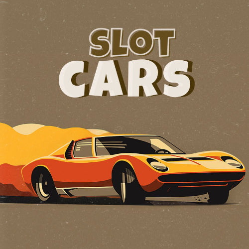 Vintage-style slot car illustration with 'Slot Cars' text on a brown background
